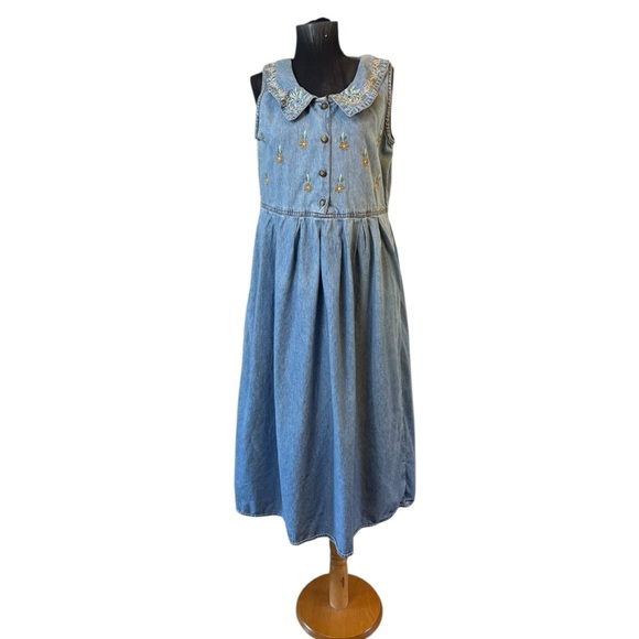 Vintage Jane Ashley Blue Denim Jumper  Sundress with Peter Pan Collar - Picture 3 of 16